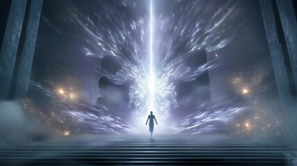 Wall Mural - Ethereal figure ascending illuminated staircase towards radiant energy beam in mystical environment