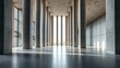 © XIN KONG - Vast architectural space with smooth concrete columns and diffused natural light, symmetrical and minimalist.
