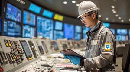 Wall Mural - A final clean shot of a nuclear regulator with precise industrial detail, symbolizing safety, control, and advanced energy technology
