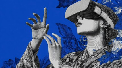 Deaf programmer using sign language in VR headset, high-tech backdrop, monochrome with a pop of royal blue
