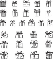 Set of hand-drawn line icons, gift boxes with bows and ribbons isolated on a white background. Doodle vector illustration. Simple doodle vector icon set for holiday season celebration design.eps