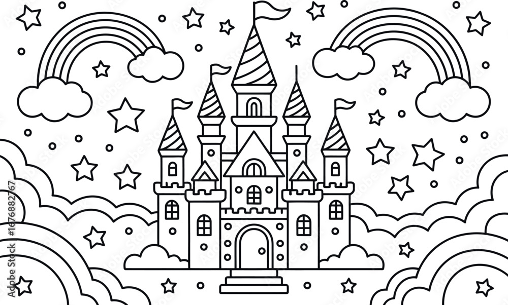 A whimsical, black and white line art illustration of a fairytale ...