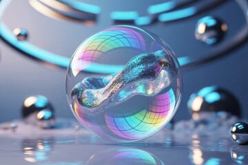 Wall Mural - abstract glowing sphere with iridescent fluid core and neon reflections on glossy surface, surrounde
