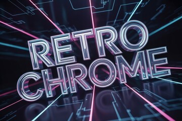 Wall Mural - retro chrome text with neon light reflections on futuristic digital grid background, showcasing a vi