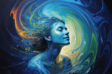 Wall Mural - tranquil woman with closed eyes surrounded by swirling colorful light on abstract dark background, s