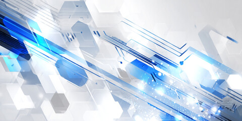 Wall Mural - Abstract geometric shapes and lines in blue and white create a futuristic technology background.