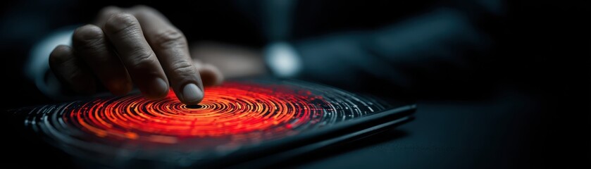 Detailed close up of a human finger pressing a vibrant glowing red button on the sleek black screen of a contemporary digital tablet device initiating an action