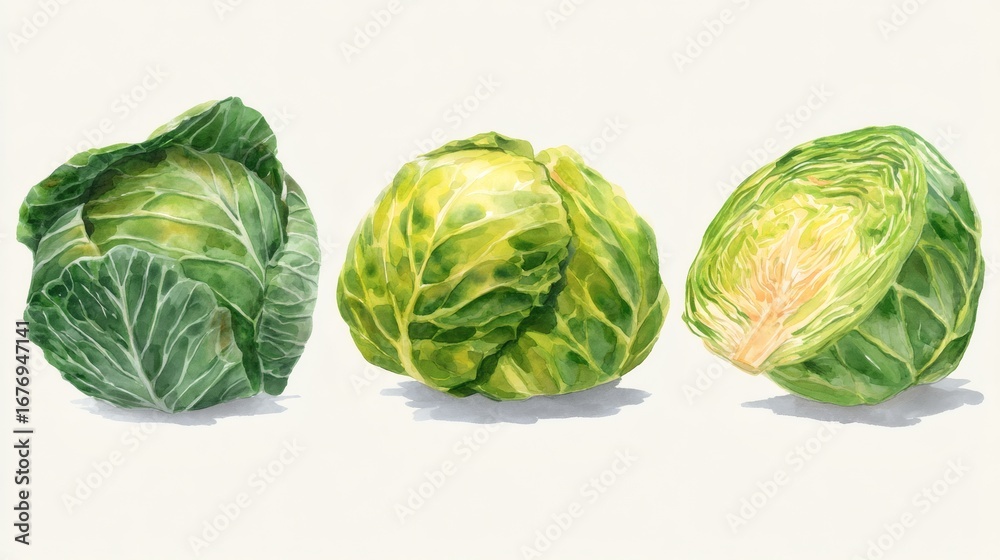 Color Of Cabbage Stock-Illustration „Three varieties of cabbage displayed on a light ...