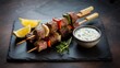 © EpochXstudio - Moody atmospheric photo of Greek lamb souvlaki skewer resting black slate lemon wedge small bowl of tzatziki captured directional light sculpt meat create appetizing highlight designed premium