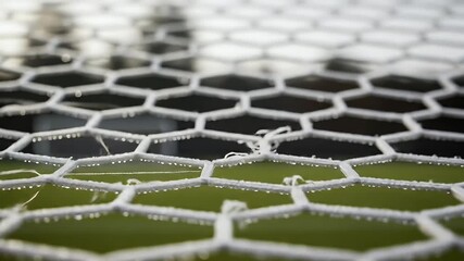 A closeup of a net covered in water droplets with a green background, soft focus image