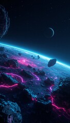 Wall Mural - Futuristic neon glowing asteroid belts visualizing data flows across AI driven interstellar environments