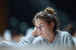 © SolaruS - A young woman wearing glasses, lost in thought. Study, learning, or contemplation concept. Suitable for educational or introspective themes. Authentic, relatable image.
