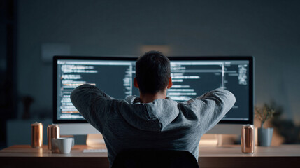 A programmer leans back from a large monitor displaying lines of code, symbolizing success, achievement, or burnout. Ideal for tech, worklife balance, or remote job themes.