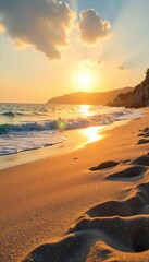 Wall Mural - Golden hour sunlight warms smooth, sun-drenched sand Perfect for relaxation and soaking up the summer rays A tranquil beach scene, ideal for travel and vacation imagery , texture, sunny