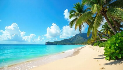 Wall Mural - Golden sand, turquoise water, lush palm trees sway gently in the Hawaiian breeze Perfect postcard scene of a tropical beach paradise, ideal for travel and vacation themes , sand, warm, green