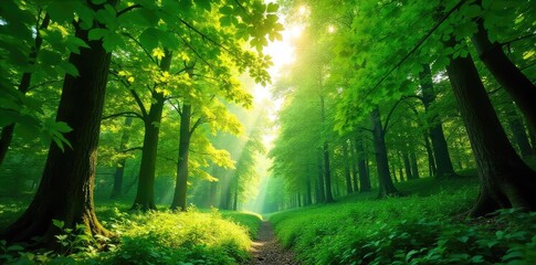 Wall Mural - Lush green forest canopy, sunlight dappling through leaves, creating a vibrant, natural scene Perfect for nature, environment, and ecology projects , landscape, serenity, oxygen