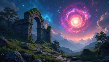 Wall Mural - Mysterious swirling nebulae and constellations fill the night sky, casting an ethereal glow on ancient, moss-covered ruins Perfect for fantasy or magical settings , energy, mystical, legend