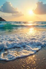 Wall Mural - Serene ocean scene evokes feelings of joy and peace; sunlit waves gently lap the shore, creating a tranquil, blissful atmosphere Ideal for travel, relaxation, and well-being themes , ocean, optimism