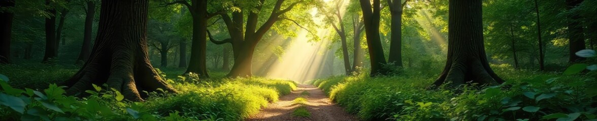 Wall Mural - Sun-dappled forest path winds through ancient trees, sunlight filtering through leaves, creating a magical atmosphere Discover the serenity of untouched wilderness , shadows, wild