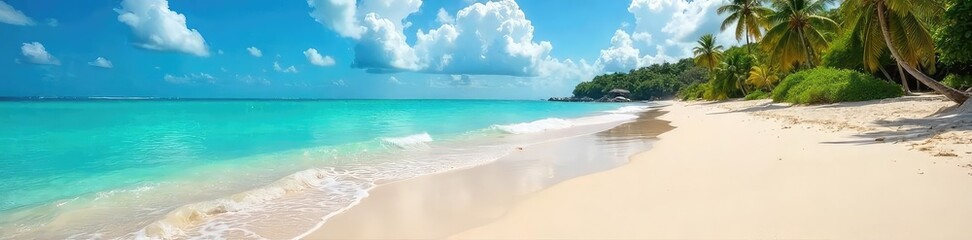 Wall Mural - Sun-kissed sand, turquoise water lapping gently at the shore, a postcard-perfect tropical beach scene ideal for travel brochures and websites promoting idyllic getaways , sun, palm trees