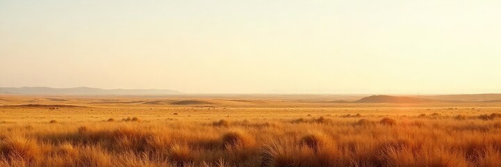 Wall Mural - Vast, open landscape stretching to the hazy, distant horizon; endless plains meeting a pale sky  A sense of limitless possibility and far-reaching views under a clear sky  ,  prairie,  journey
