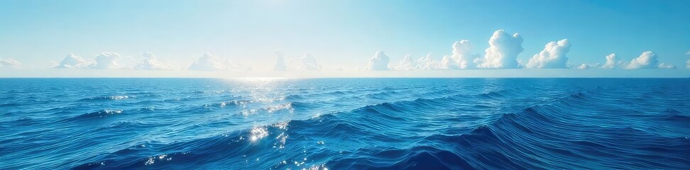 Wall Mural - Vast, open ocean stretches to the curved horizon line where the sea meets the sky A breathtaking view of the Earth's curvature Perfect for travel, nature, and geography projects , world, panorama