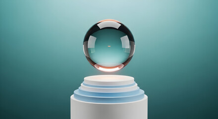  Floating glass sphere above pastel podium on teal background — minimalist crystal ball product concept with soft lighting