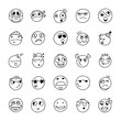 © HyFal - Hand drawn emoji set, doodle emoticons, cartoon smiley faces, black and white line art, cute expression icons, vector illustration, funny character emotions pack