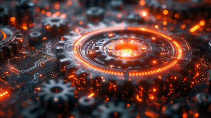 interconnected gears and circuitry symbolizing synergy between technology and business processes