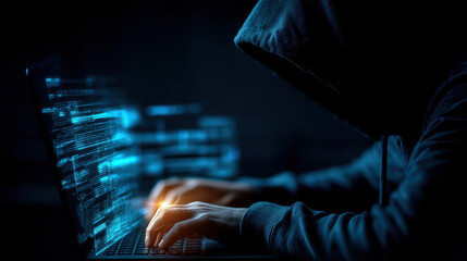 person in hoodie is focused on laptop, with glowing code and data streams in background, creating my
