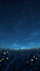 Wall Mural - Minimalist anime quiet meadow glowing fireflies drifting under starry midnight sky