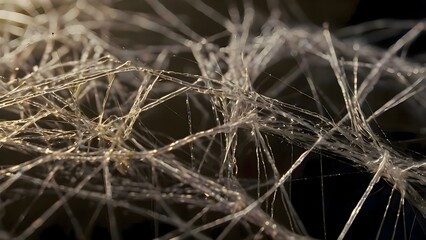 Spider web suspended in the middle of a dark black background with fine threads and natural geometric structure of the web