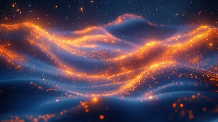 Abstract golden particle wave pattern with glowing light effects on a dark blue background. Ideal for futuristic, digital, tech