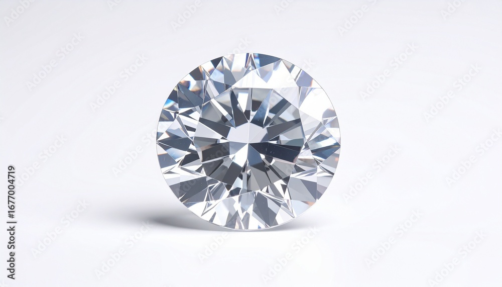 Round brilliant‑cut diamond on white surface, highly faceted with intense sparkle, reflecting light to showcase brilliance and fire