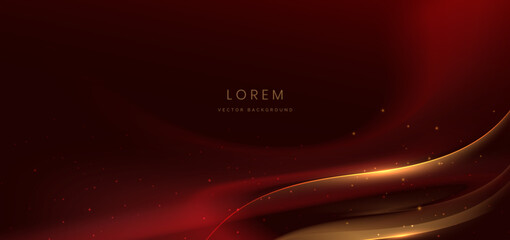 Wall Mural - gold wave lines on dark red background with lighting effect. template celebration award concept.
