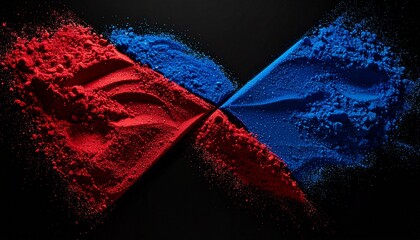 Vibrant red and blue powders exploding and scattering against a dark background, creating a dynamic abstract visual.