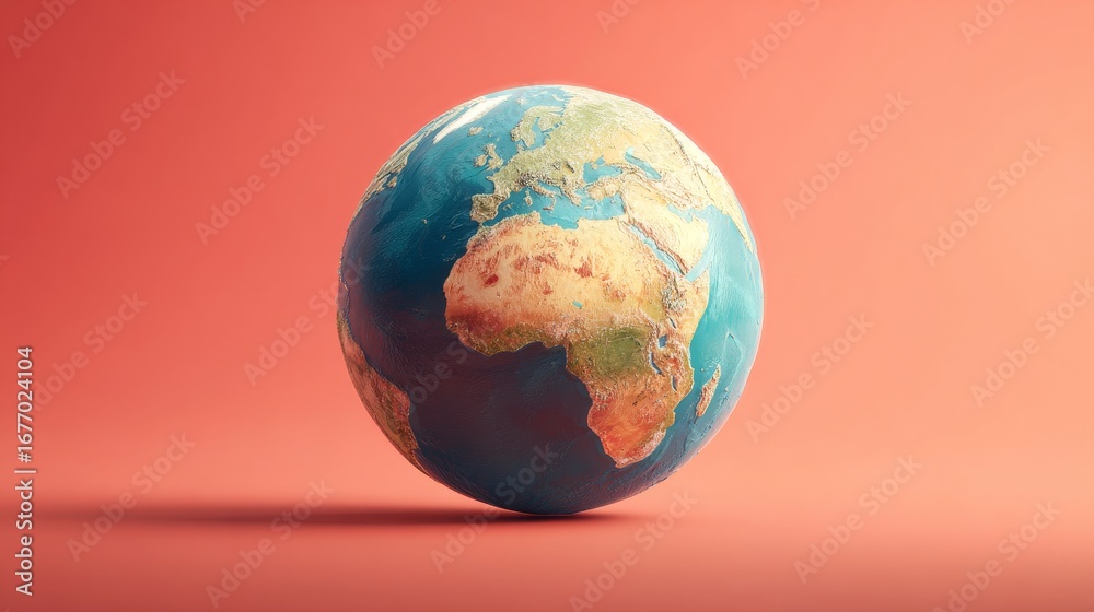 The image features a red Earth globe on the left, set against a soft ...