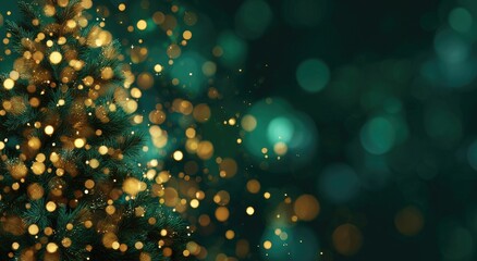 Christmas tree with golden lights, teal bokeh