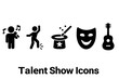 © Nanette - Talent show solid glyph icon set. Entertainment performance symbols. Singing, dancing, magic trick, comedy theater, and guitar music contest vector pictograms collection.