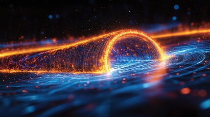 Dynamic Flowing Digital Wave with Glowing Particles in Dark Background 