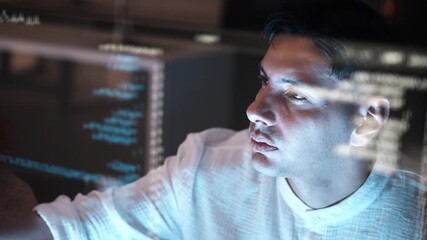 man programmer and coding on computer screen for networking, malware or software at the office. female person, coder or developer working late in computer display in problem solving