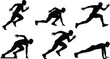 © Shammi's World - Running athlete silhouettes, sprint start poses, fitness motion vector, sports action figures, athletic running, workout positions, dynamic movement, sprinting man, fitness exercise,