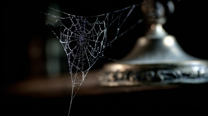 A single cobweb strand hanging from vintage chandelier with dim light, close crop, soft focus