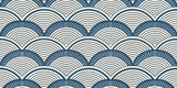 Art deco geometric pattern with blue and white scallop shell design