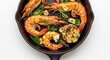 © Poindexter - A black cast iron pan holds four large shrimp garlic cloves rosemary and parsley set against a white backdrop
