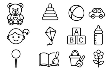 Childhood line icon collection with editable stroke. Simple outline icons for baby and kids. Set includes teddy bear, ball, car, kite, abc blocks, bottle, book, rattle, girl face.