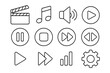 © Jane - Media Player Line Icon Pack, Modern Vector Collection for Web Design, Apps, UI, and Digital Cards, Includes Clapperboard, Music Note, Speaker, Play, Pause, Stop, Fast Forward, Rewind, Settings Symbols