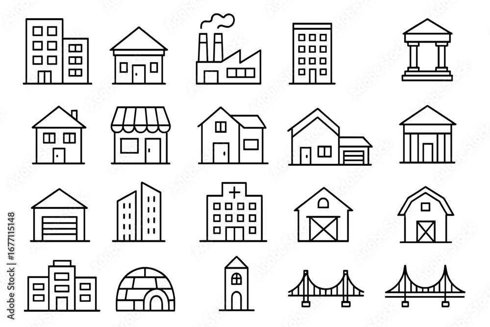 Building and real estate thin line icon set bundle. Vector graphics ...