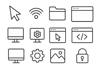 set of computer desktop related line icons, editable stroke for design, websites, apps, and cards, i
