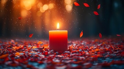 Wall Mural - a solitary candle glows amidst a carpet of fallen autumn leaves